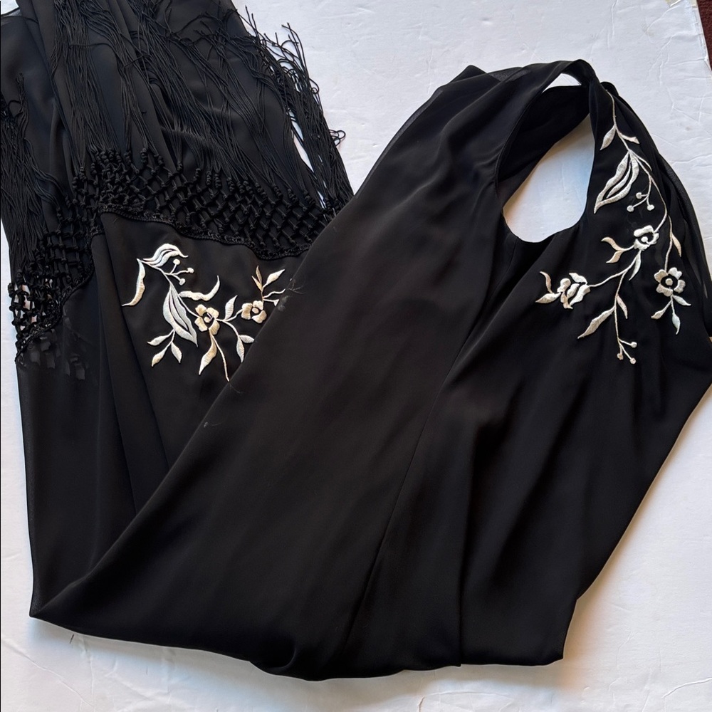 Vintage y2k Maxi Dress Long Dress Black Sue Wong Fringe Cowneck Embroidered - Picture 14 of 17